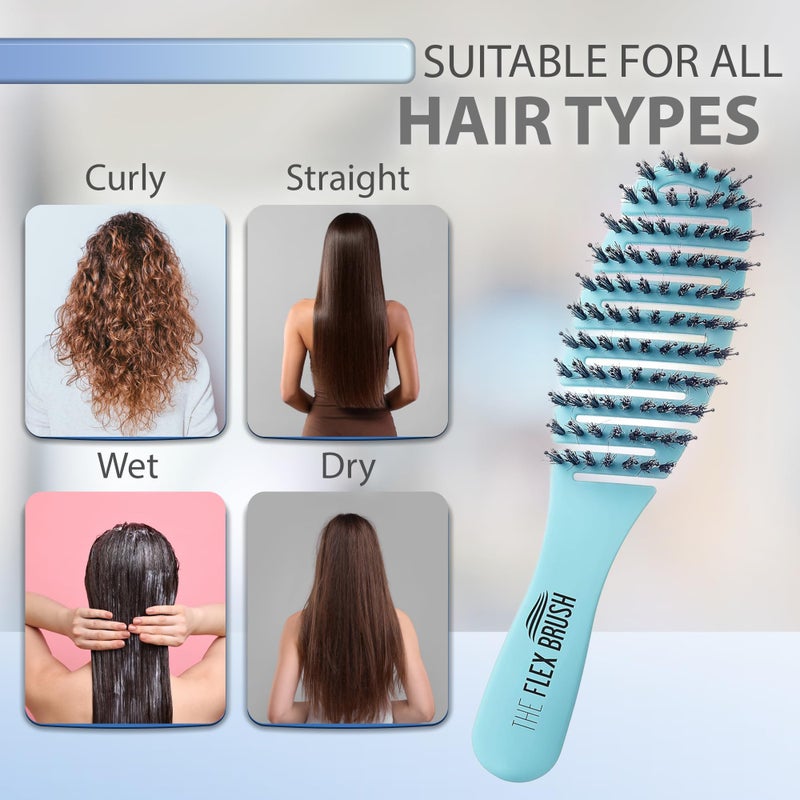 THE FLEX BRUSH Flex Brush Vented Hair Brush for Blow Drying, Flexible Bristle for Women & Kids, Detangling, Massages Scalp for Hair Growth, Lightweight & Vented for Faster Drying, Boar Bristle & Nylon Mix (Blue) - Image 3